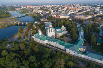 Fototapeta premium View from a height of the ancient Spaso-Preobrazhensky Monastery on a July morning. Golden Ring of Russia, Yaroslavl