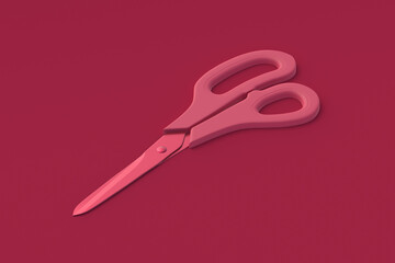 Scissors of magenta on red background. Color of the year 2023. 3d render