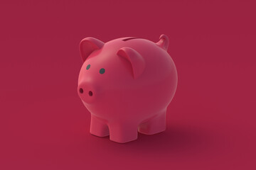 Piggy bank of magenta on red background. Color of the year 2023. 3d render