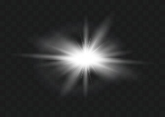 Fototapeta premium White glowing light explodes on a transparent background. Vector illustration of light decoration effect with ray.