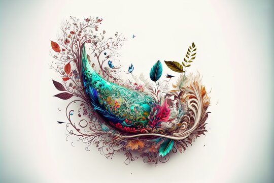  a colorful bird with feathers and leaves on it's back side. Generative AI