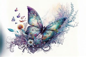  a butterfly with flowers and butterflies flying around it's wings. Generative AI