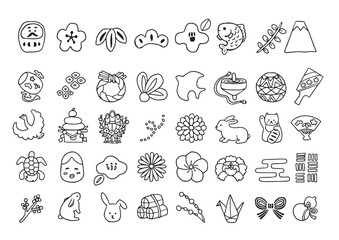 Obraz premium 手描きのお正月アイコンセット（線画）