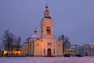 Fototapeta na wymiar View of the ancient Cathedral of the Transfiguration of the Savior at February twilight. Vyborg