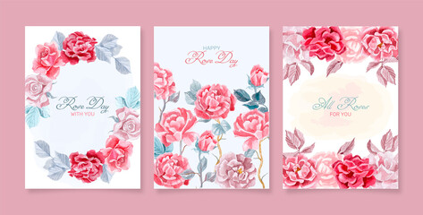 Set of Rose Day greeting card with pink roses in the illustrate background 
