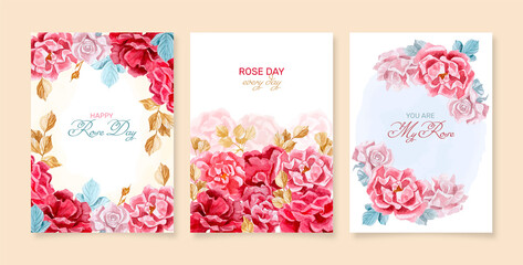 Set of Rose Day greeting cards with pink roses in the illustrated background 