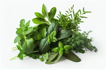  a bunch of green herbs are on a white surface with a white background and a white background behind them. Generative AI
