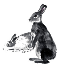 水墨画技法で描いたペア兎