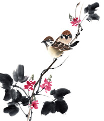 水墨画技法で描いた雀と葛の花