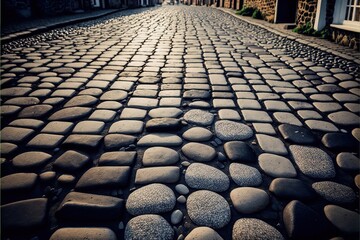  a cobblestone street with a building in the background and a clock tower in the distance on a sunny day. Generative AI - obrazy, fototapety, plakaty