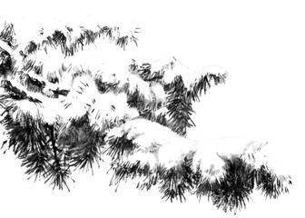 水墨画技法で描いた雪の積もった松の枝