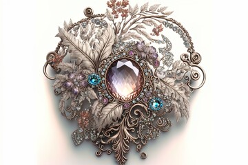  a picture of a fancy brooch with a large stone surrounded by leaves and flowers on a white background. Generative AI - obrazy, fototapety, plakaty