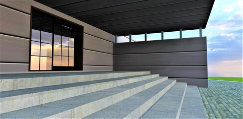 Porch design of a private house. Wide concrete stairs. Facade decoration with horizontal metal panels. 3d rendering.
