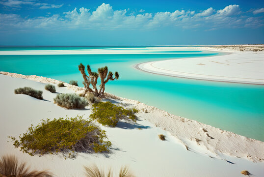 Amazing sight of the white sand beach and azure water of the lagoon. Djerba, a tunisian island Generative AI
