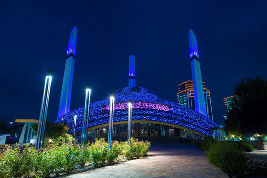 ARGUN, RUSSIA - SEPTEMBER 28, 2021: Mosque "Mother's Heart" in night blue illumination on September night