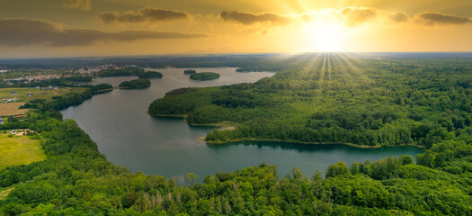 Beautiful landscape with the river in the countryside. summer. view from the drone Barlinek, West Pomeranian Voivodeship, Poland
