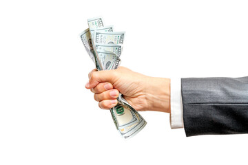 Hand holding crumpled money in fist on white background.