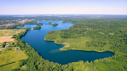 Aerial shot of a beautiful lake in the summer day