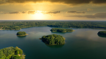 Aerial shot of a beautiful lake in the summer day