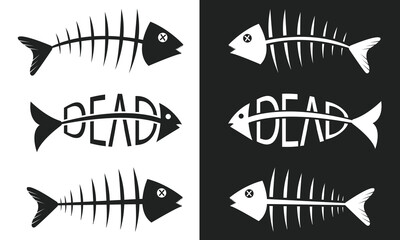 set of fish icons. Dead fish cartoon, fish bone and skeleton on black and white background vector