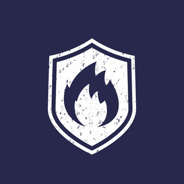 Fire Protection Icon, Shield And Flame Vector Sign With Texture