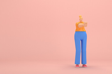 The woman with golden hair tied in a bun wearing blue corduroy pants and Orange T-shirt with white stripes.  She is expression  of hand when talking. 3d rendering of cartoon character in acting.