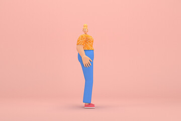 The woman with golden hair tied in a bun wearing blue corduroy pants and Orange T-shirt with white stripes.  She is expression  of hand when talking. 3d rendering of cartoon character in acting.
