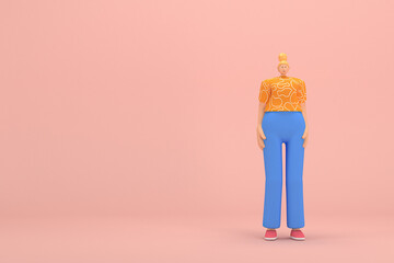 The woman with golden hair tied in a bun wearing blue corduroy pants and Orange T-shirt with white stripes.  She is expression  of hand when talking. 3d rendering of cartoon character in acting.