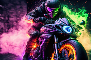 The biker on a motorcycle is racing down the highway at high speed. Neon light. Digital art.
