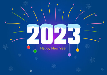 inscription of new year 2023 with snow, fireworks, snowflakes and hanging glass toys