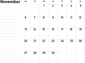 Minimalist planner and calendar for study or work - November, 2023.