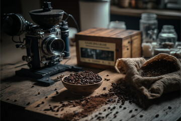 Coffee beans on rustic table scattered everywhere