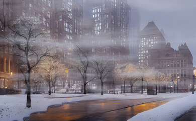 midnight in a winter city with tall, modern buildings