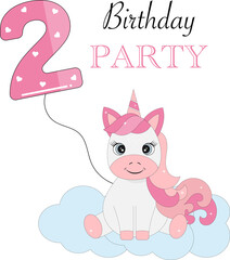 An invitation to the second birthday. A unicorn with pink hair.