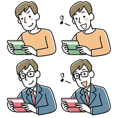 預金通帳を見て機嫌のよい若い男性の上半身セット