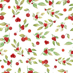 Watercolor floral Christmas seamless pattern with hand drawn watercolor branches, leaves and berries illustration. Repeat nature floral background for wrapping, packaging design or print.