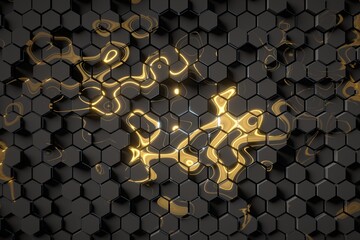 Abstract black and gold geometric hexagons animated, 3D rendered background 