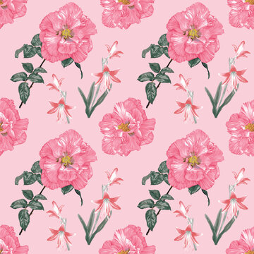Seamless pattern floral with cotton rose and lily flowers abatract background.Vector illustration hand drawn.For fabric fashion print design or product packaging.