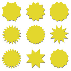 Starburst yellow sticker set - collection of special offer sale round shaped sunburst labels and badges isolated on white background. Circle stickers or buttons in form of star for promo advertising.