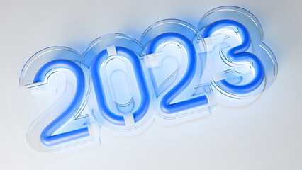 Futuristic neon label of the 2023 year. 3D numbers of the new year