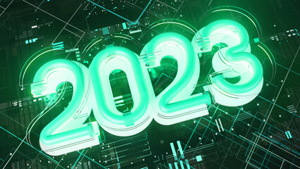 Futuristic neon label of the 2023 year. 3D numbers of the new year