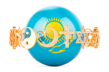 Kazakh flag painted on sphere with religions symbols around, 3D rendering