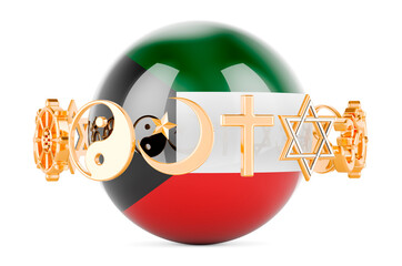 Kuwaiti flag painted on sphere with religions symbols around, 3D rendering