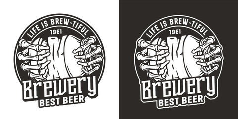 Fototapeta premium Beer crumpled can in bone hand for drink shop or old brewery. Craft beer vector logo or emblem with skeleton and metal tin for label design of bar and pub