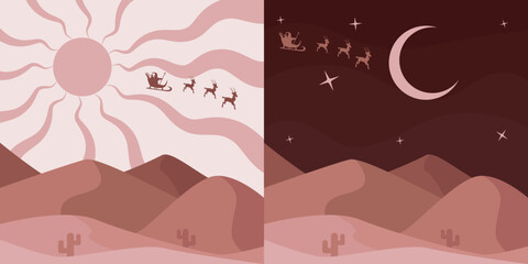 Abstract Vector Image Of The Desert. Christmas. Santa Claus and the Reindeer. And Dunes, Hills, Cacti. Day and Night