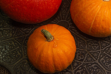 Yellow-orange pumpkins on a black background the concept of Halloween and the autumn harvest of pumpkin close-up copyspace from above