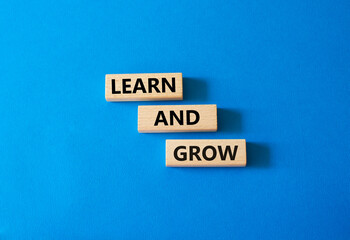 Learn and grow symbol. Concept words 'Learn and grow' on wooden blocks. Beautiful blue background. Business and Learn and grow concept. Copy space.