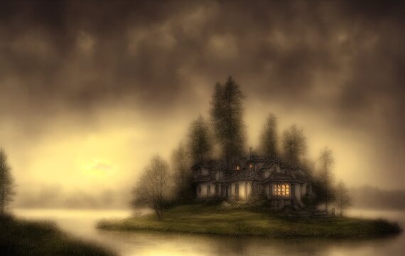 mystical lake house, fantasy lakescape, digital illustration.