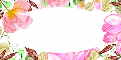 Cornice con delicati fiori e foglie, spazio per testo, acquerello isolato su sfondo bianco