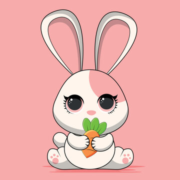 Cute Rabbit with carrot.  Cartoon Vector Icon Illustration. Animal Sport Icon Concept Isolated Premium Vector. Flat Cartoon Style